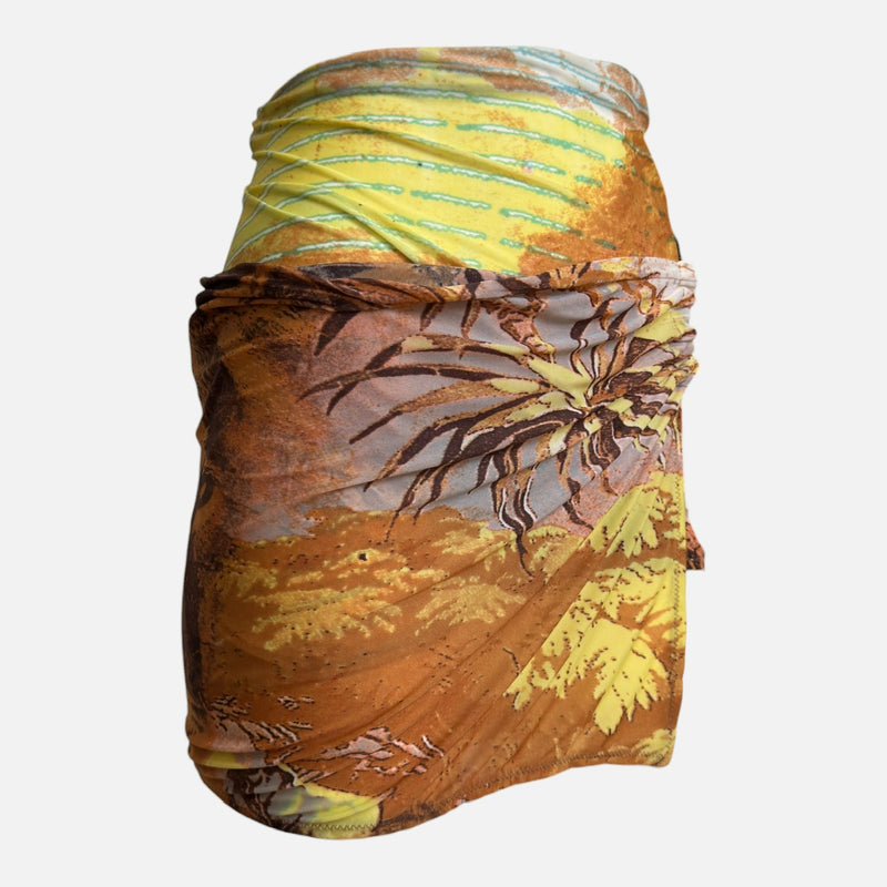 Roberto Cavalli S/S 2002 Ochre Tropical-Print Ruched Wrap Mini Skirt
