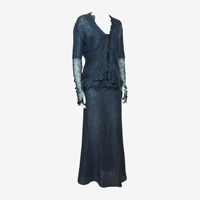 Charcoal mohair cardigan by Roberto Cavalli CLASS, back view showing frayed hem and metallic panels