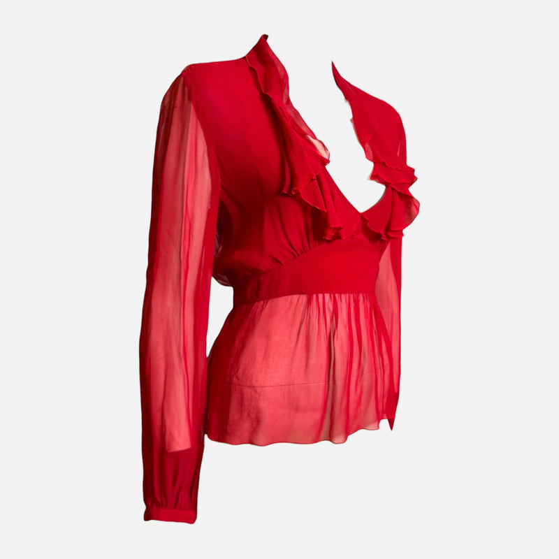 Valentino 2000s Red Sheer Ruffled Peplum Blouse