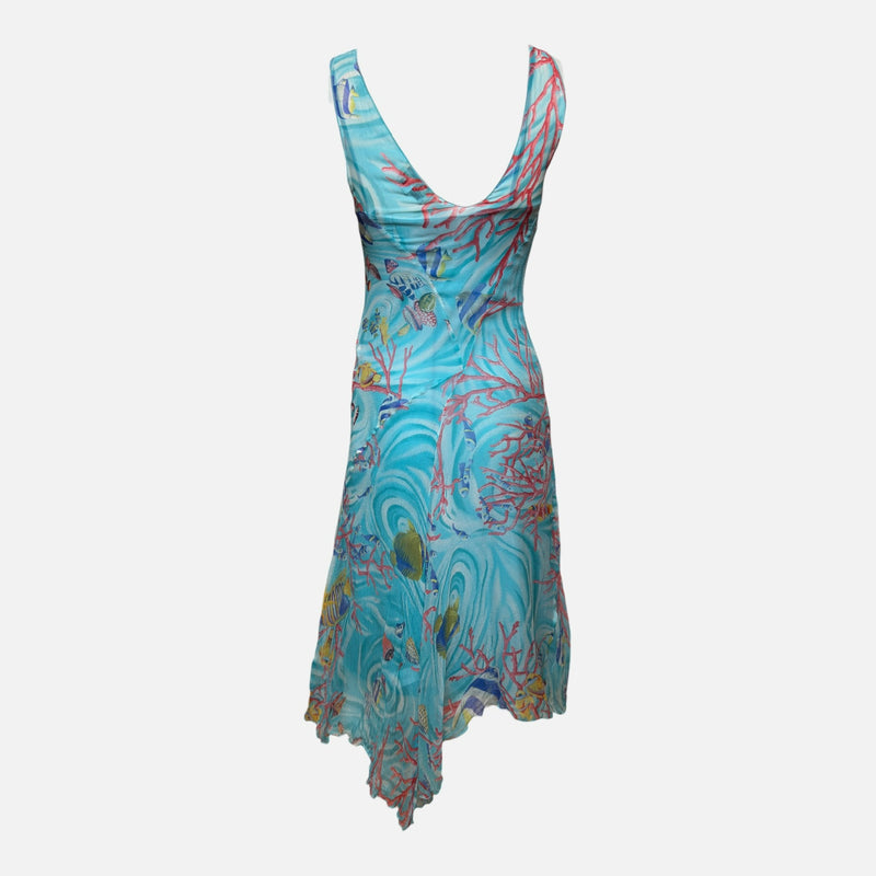 Blumarine 2000s Aqua Sheer Coral-Print Asymmetric Midi Dress