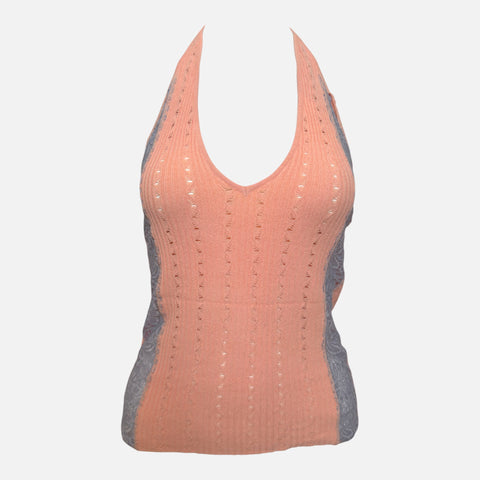 Versace S/S 2005 Peach Pointelle-Knit Lace-Panel Halter Top