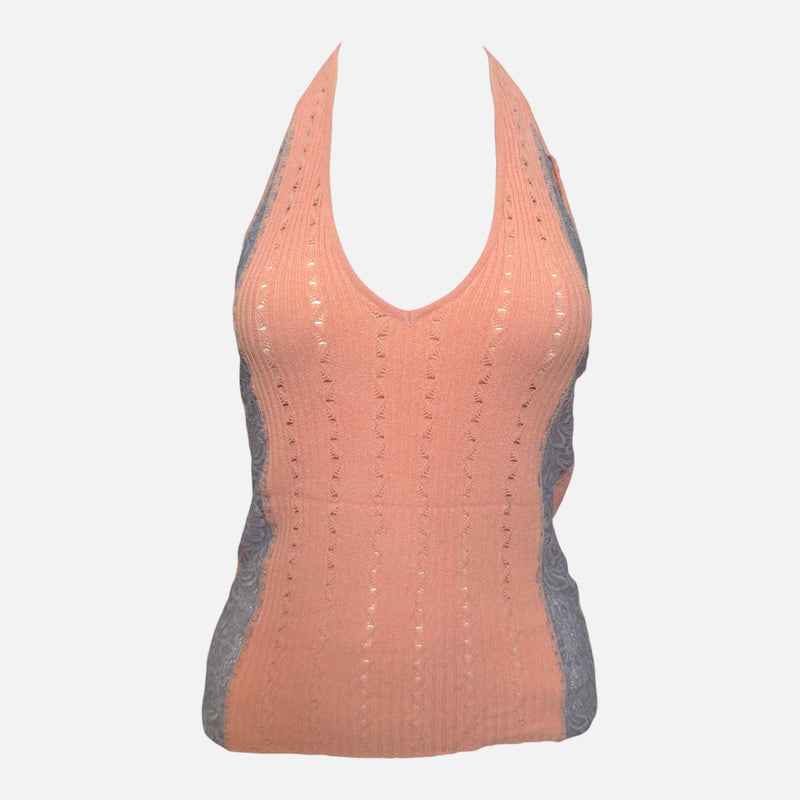 Versace S/S 2005 Peach Pointelle-Knit Lace-Panel Halter Top