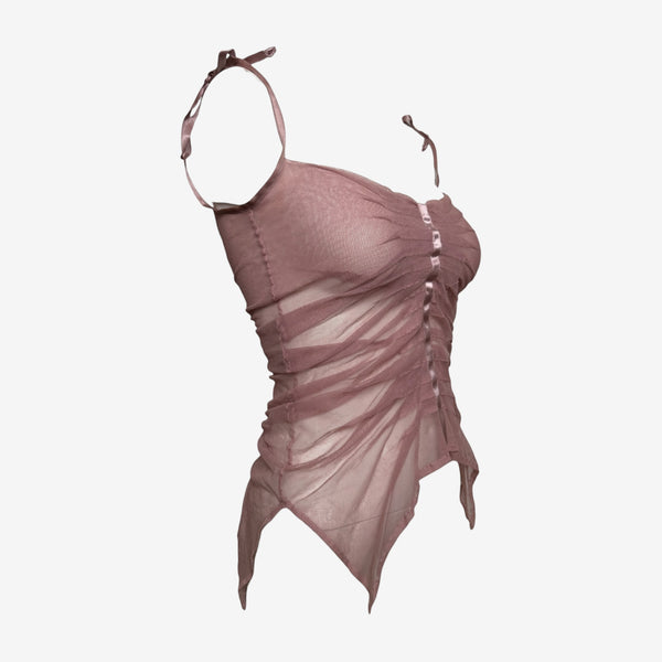 Plein Sud 2000s Mauve Sheer Mesh Ruched Tie-Strap Bustier Top