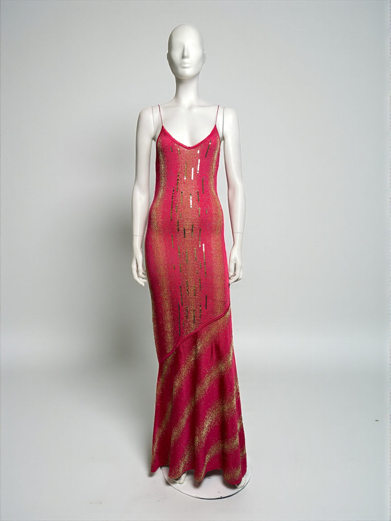 Fuchsia bias-cut slip gown by John Galliano, Spring 2001, gold metallic threading detail