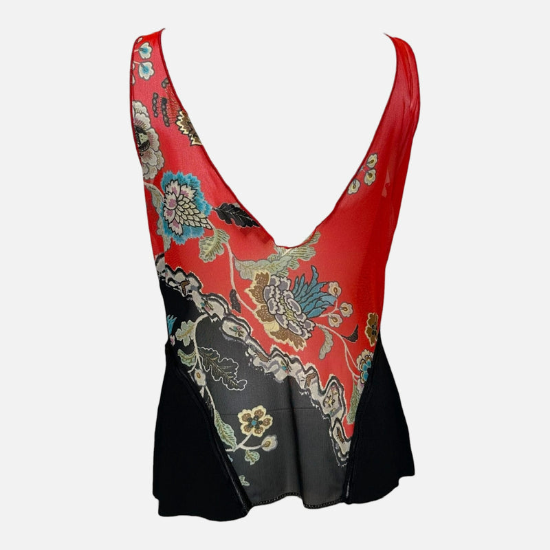 Roberto Cavalli S/S 2003 Black And Red Chinoiserie Floral-Panel Sleeveless Top