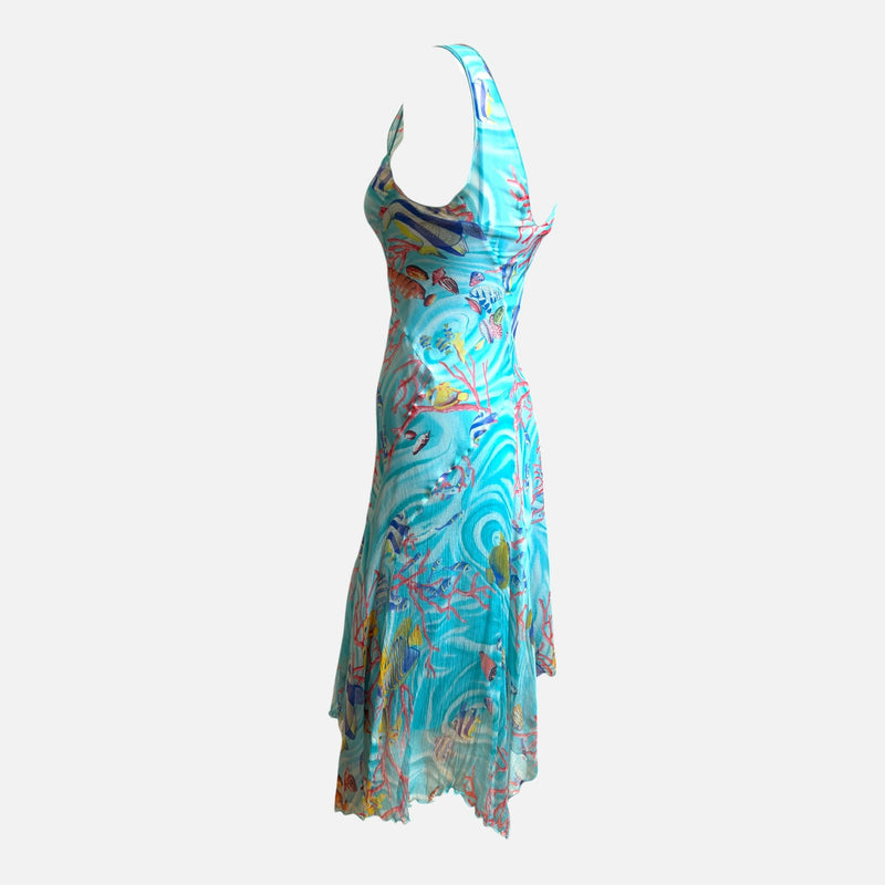 Blumarine 2000s Aqua Sheer Coral-Print Asymmetric Midi Dress