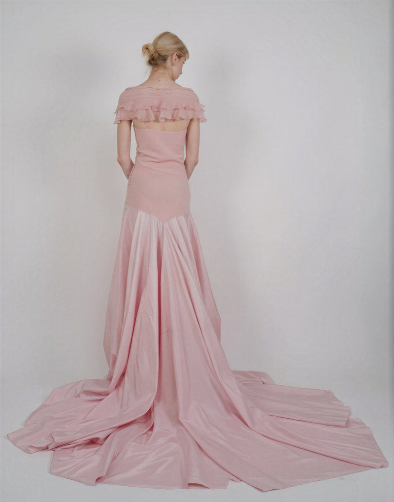 Christian Dior by John Galliano S/S 2004 Blush Pink Ruched Off-Shoulder Ruffled Train Gown