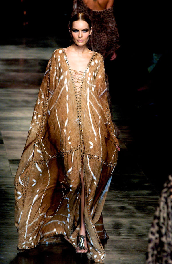 Yves Saint Laurent by Tom Ford S/S 2002 Fawn-Print Sheer Handkerchief-Hem Midi Skirt