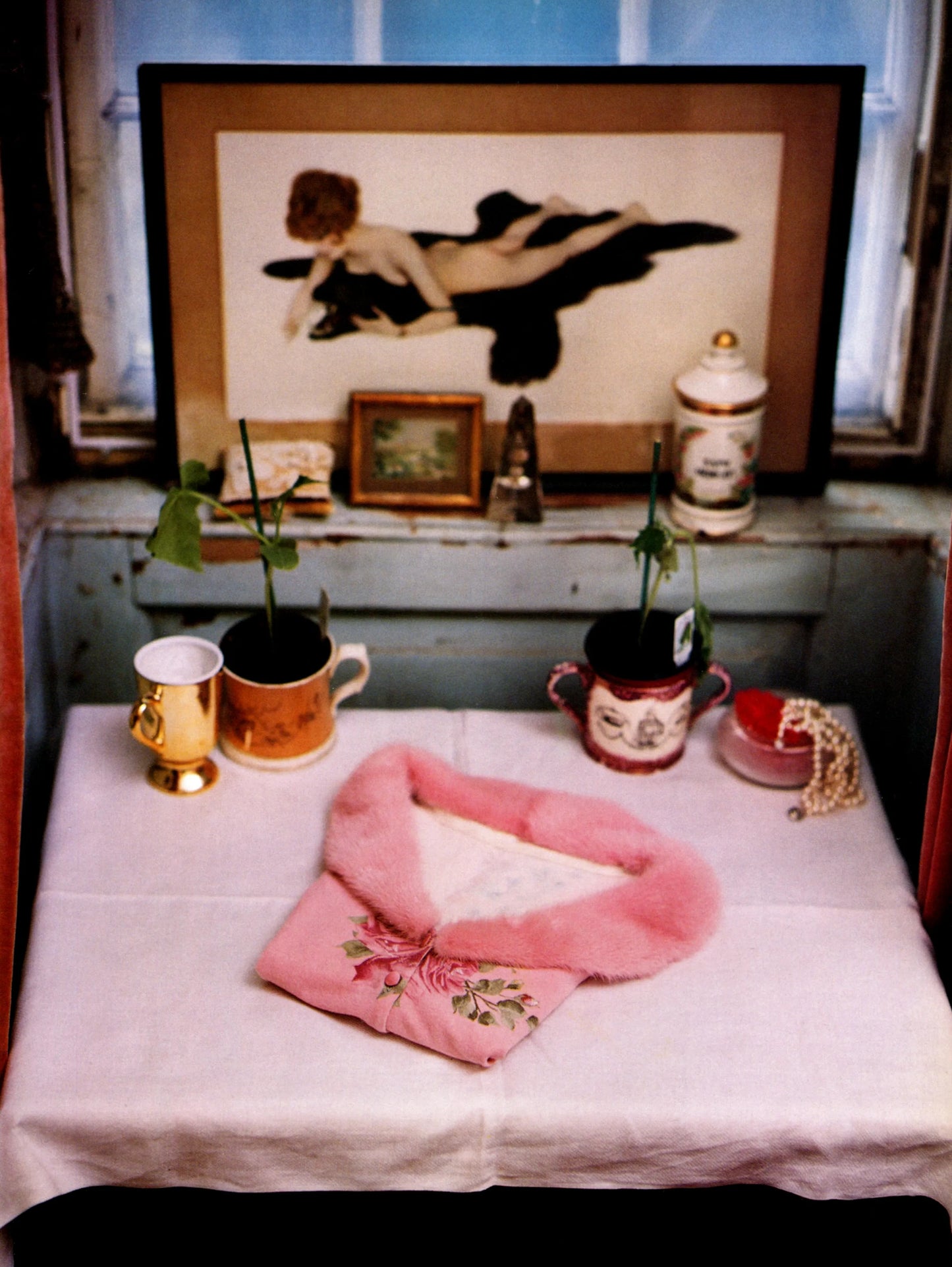 Blumarine F/W 1999 Pink Fur-Trim Cardigan and Floral Chiffon Skirt Ensemble