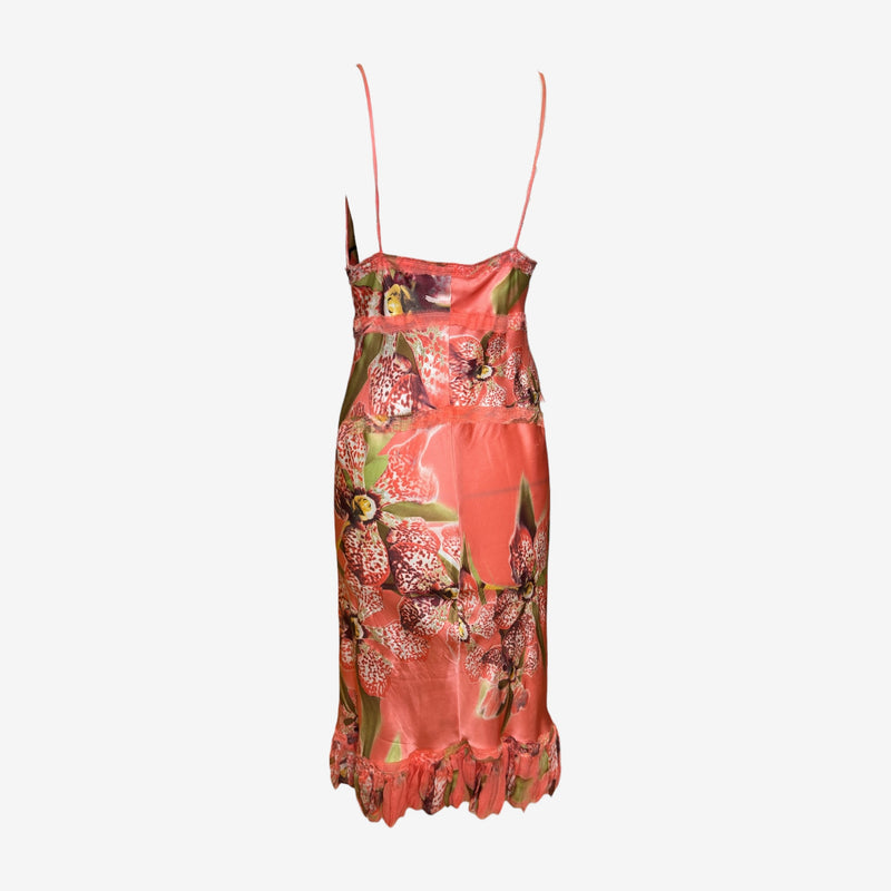 Back view of Roberto Cavalli silk dress showing adjustable strap construction and full length midi silhouette