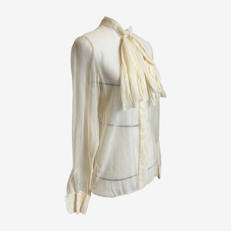 Lanvin silk chiffon blouse with trailing ribbon bow tie, front button closure