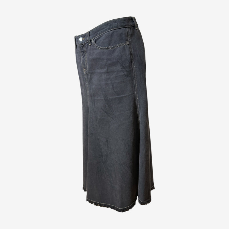 Charcoal denim maxi skirt by Alexander McQueen, detail of contrast topstitching and waistband