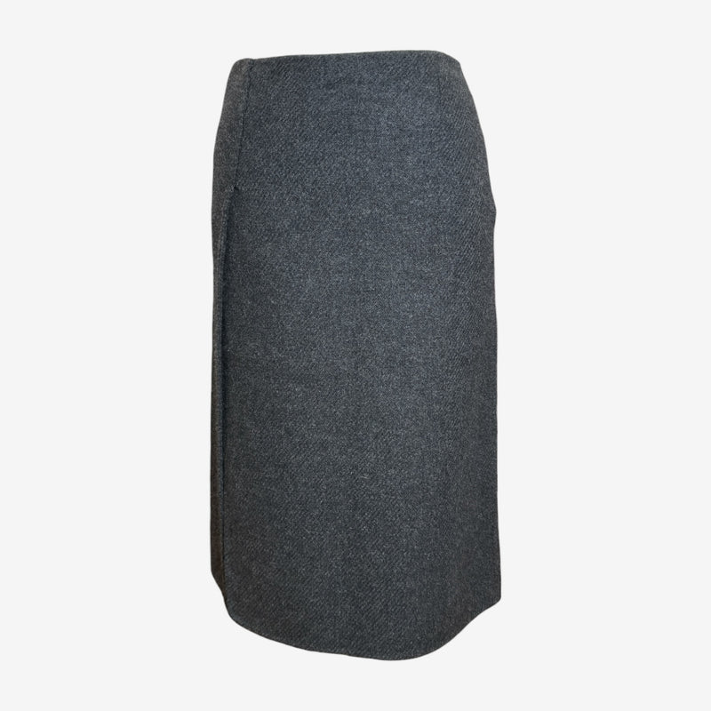 Charcoal grey wool pencil skirt by Prada, front view showing high-waisted tailored silhouette