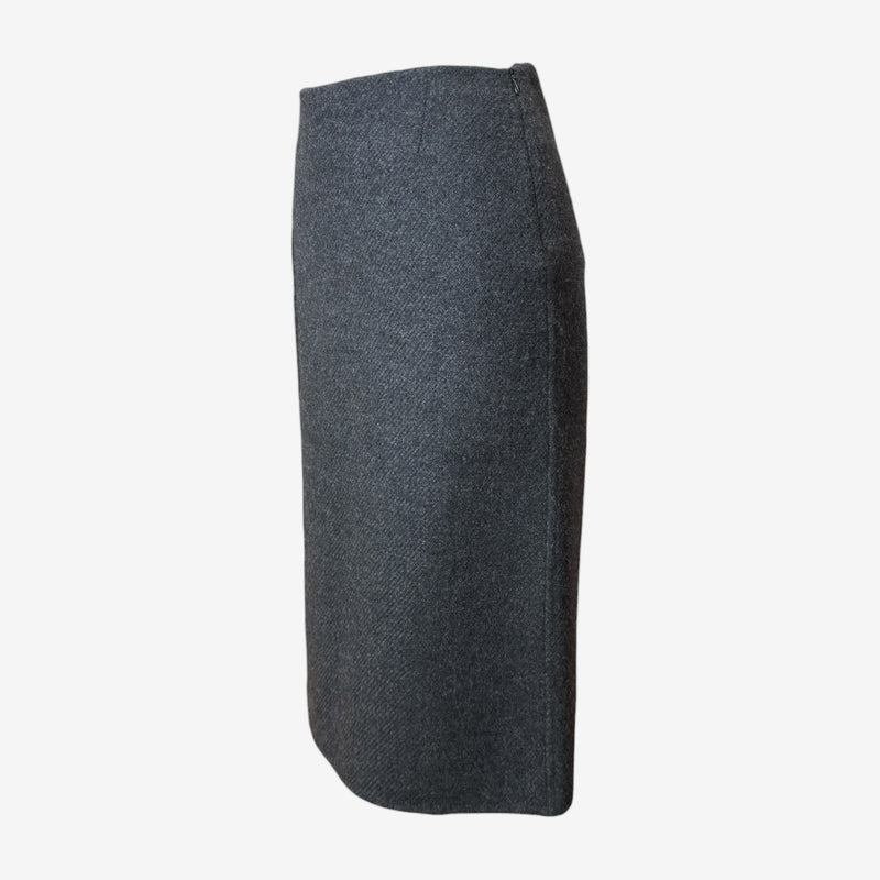 Charcoal grey wool pencil skirt by Prada, back view showing concealed zip closure