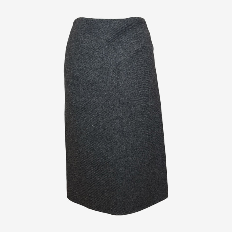 Charcoal grey wool pencil skirt by Prada, detail of diagonal weave texture and waistband