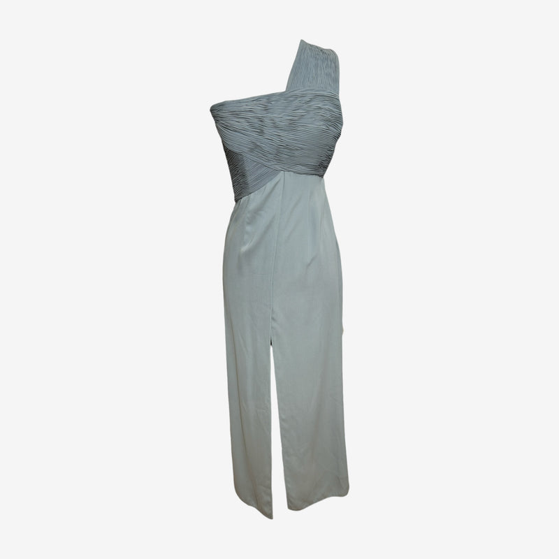 Grey silk one-shoulder evening dress by Giorgio Armani, pleated bodice with asymmetrical draped neckline