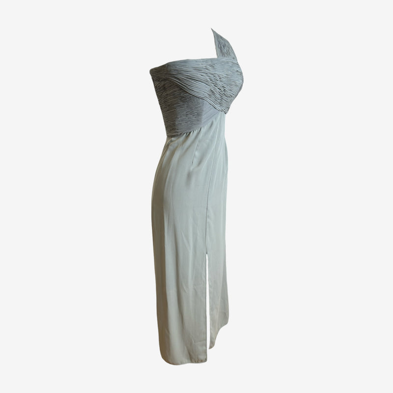 Grey silk one-shoulder evening dress by Giorgio Armani, side view showing empire waist and A-line silhouette