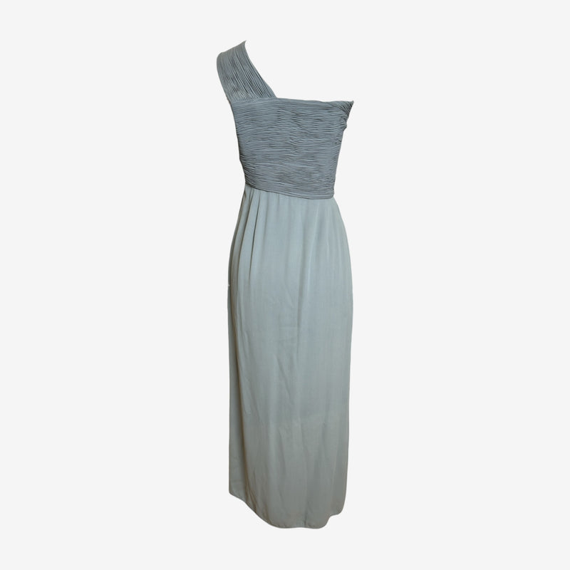 Grey silk one-shoulder evening dress by Giorgio Armani, back view with draped shoulder strap detail