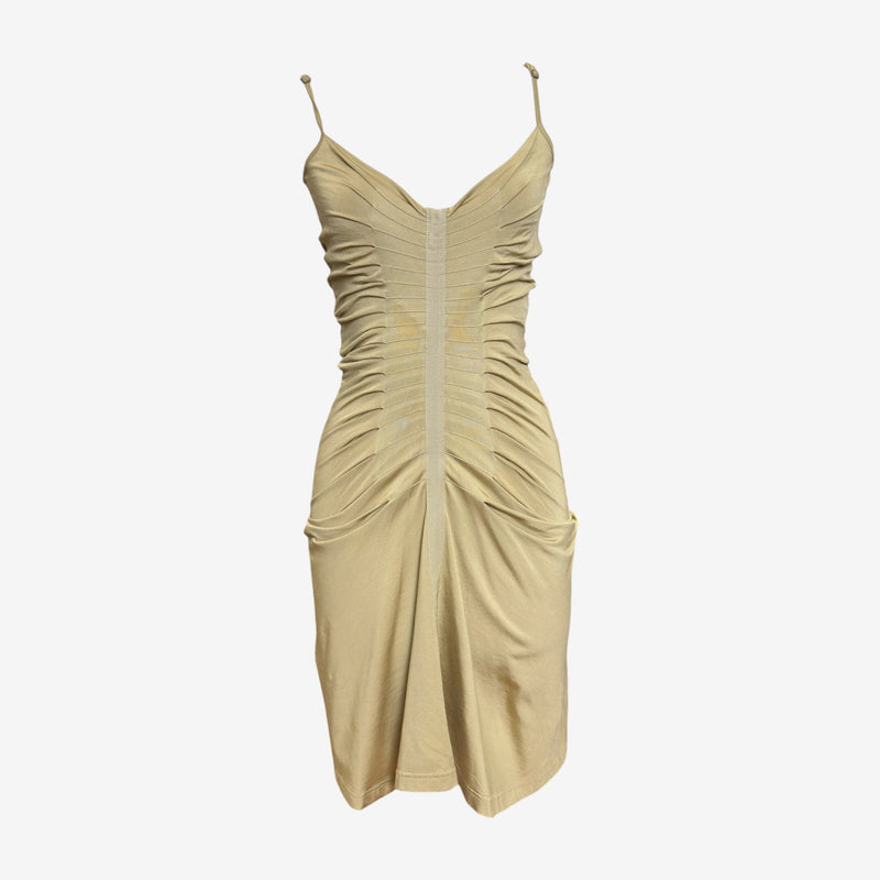 Pale beige ruched jersey slip dress by Plein Sud, front view showing radiating center bodice detail