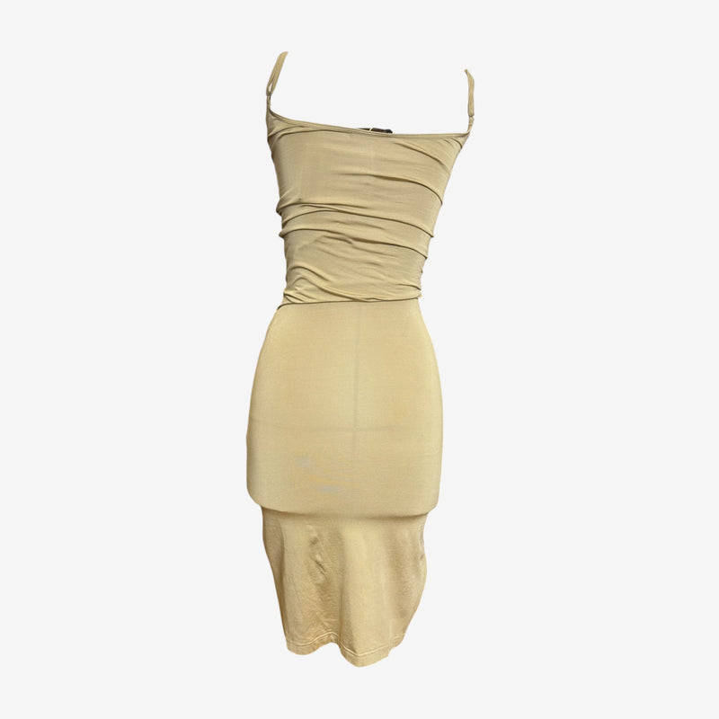 Beige Plein Sud midi dress, back view showing fluid jersey construction and draping