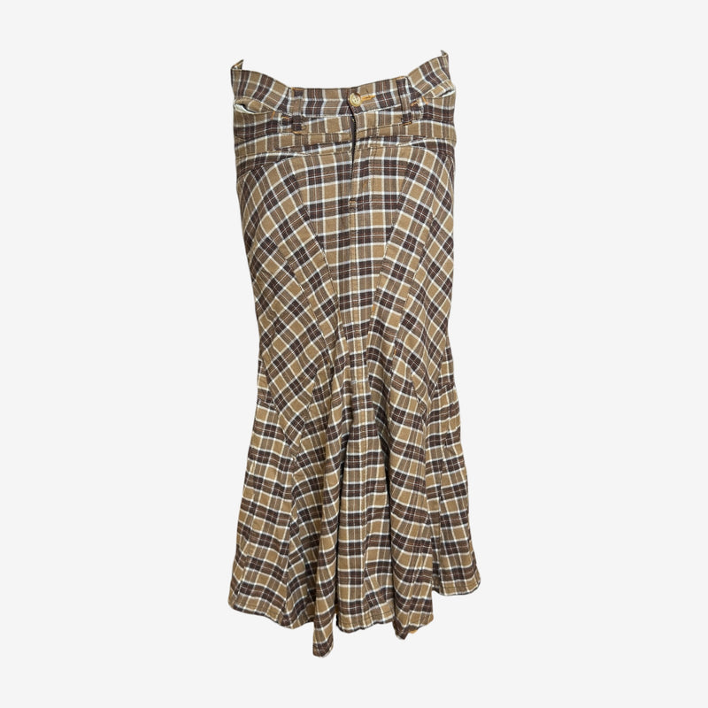 Brown and beige tartan wool wrap maxi skirt by Junya Watanabe, front view showing wrap construction and ruched waist detail
