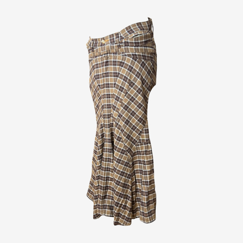 Brown and beige tartan wool wrap maxi skirt by Junya Watanabe, back view showing bias-cut panels and raw edge finishing
