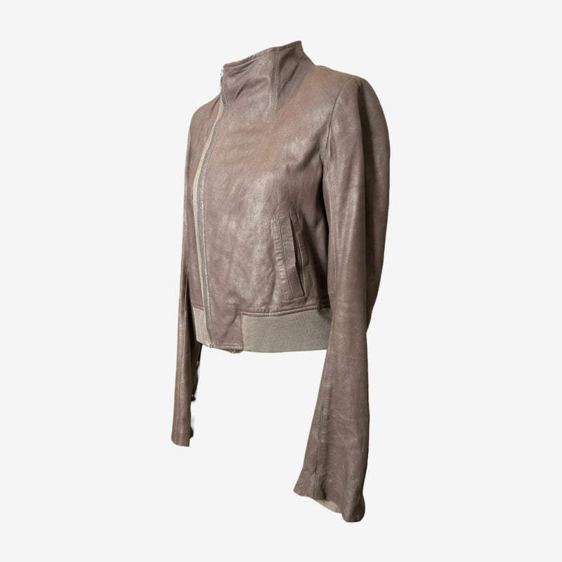 Taupe leather bomber by Rick Owens, back view displaying signature draping and waistband
