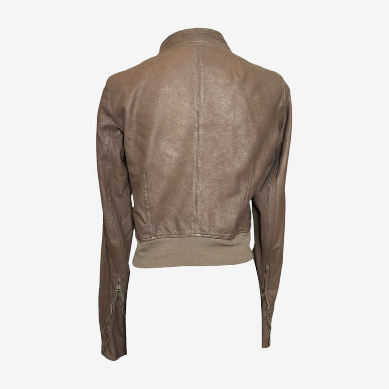 Rick Owens taupe distressed leather bomber, close-up of chest pocket and hardware detail