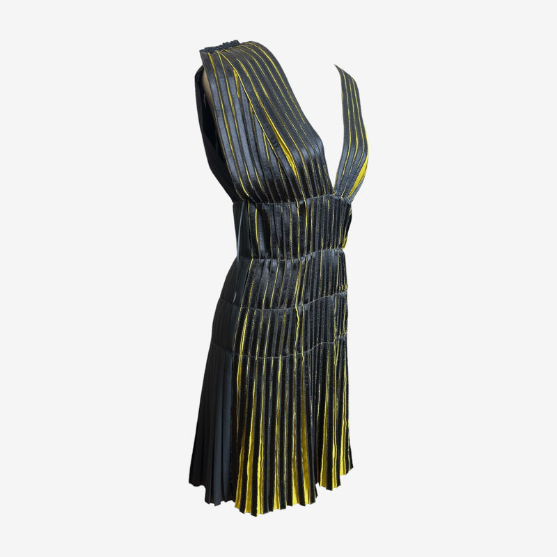Yellow and charcoal striped Lanvin dress, side seam construction with gathered waist blouson effect