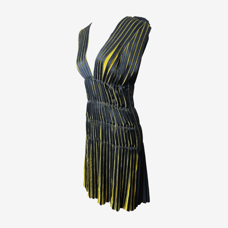 Lanvin pleated dress back view, sleeveless design with continuous knife pleats and side zip closure