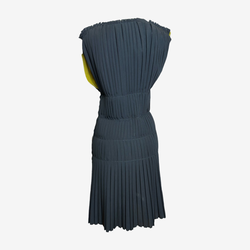 Yellow and grey pleated silk dress by Lanvin, deep V-neckline with gathered bodice construction