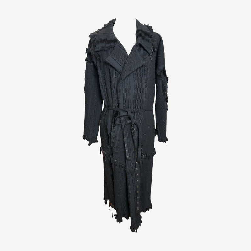 Charcoal grey cotton knit coat by Gucci Tom Ford, front view with double-breasted closure and frayed edges