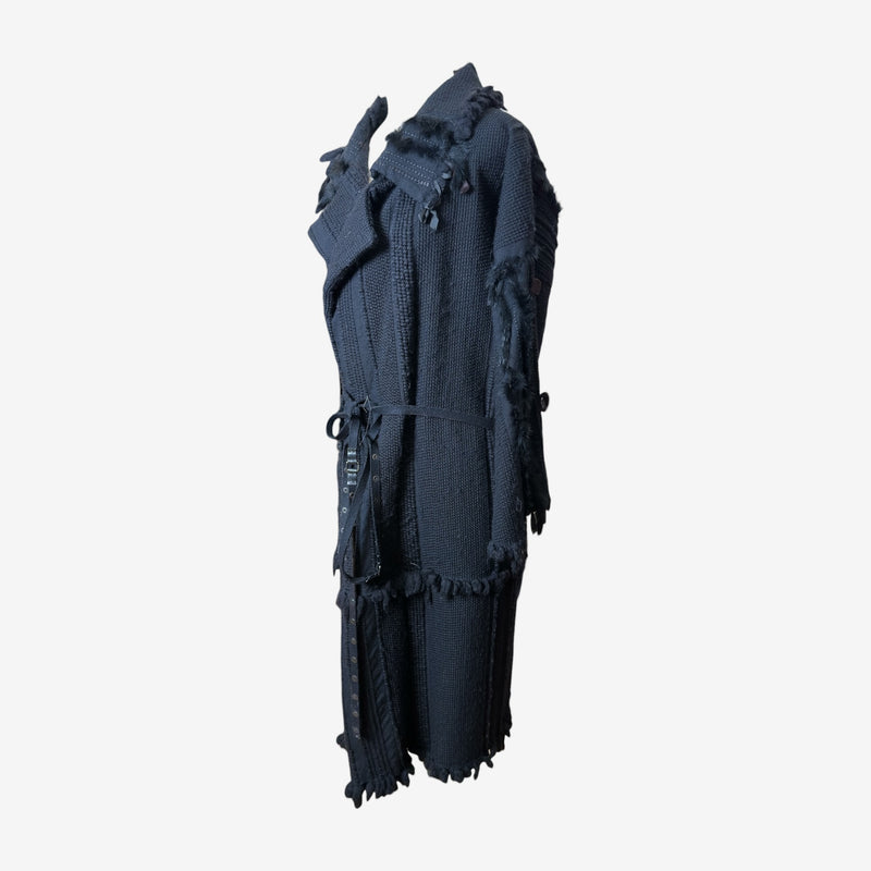 Charcoal grey cotton knit coat by Gucci Tom Ford, back view with frayed collar and shoulder detailing