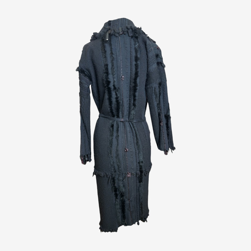 Charcoal grey cotton knit coat by Gucci Tom Ford, detail of frayed cuff and sleeve construction