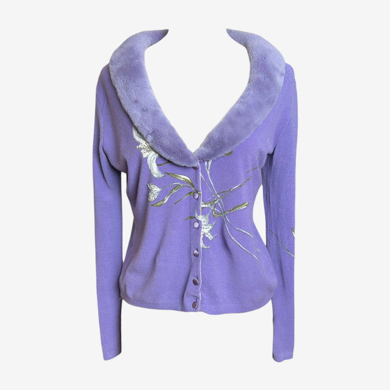 Purple wool cardigan by Blumarine, fur collar trim and metallic floral embroidery