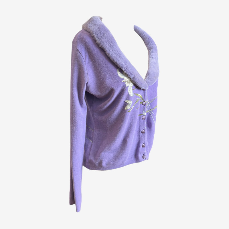 Purple wool cardigan by Blumarine, detail of embroidered botanical motifs on front
