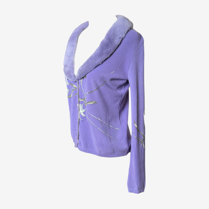 Purple wool cardigan by Blumarine, side view showing fitted silhouette and ribbed cuffs