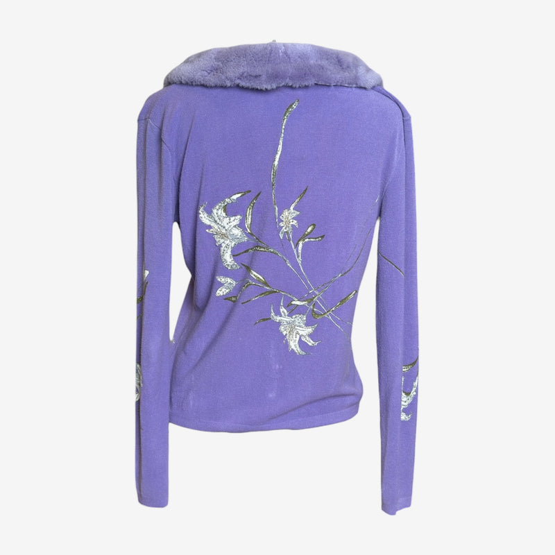 Purple wool cardigan by Blumarine, back panel with embroidered floral details