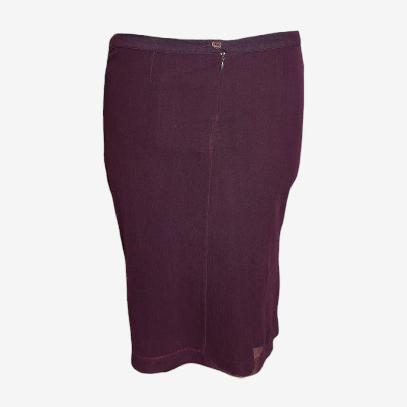 Burgundy mesh midi skirt by Dolce & Gabbana, detail of waistband and hip layering