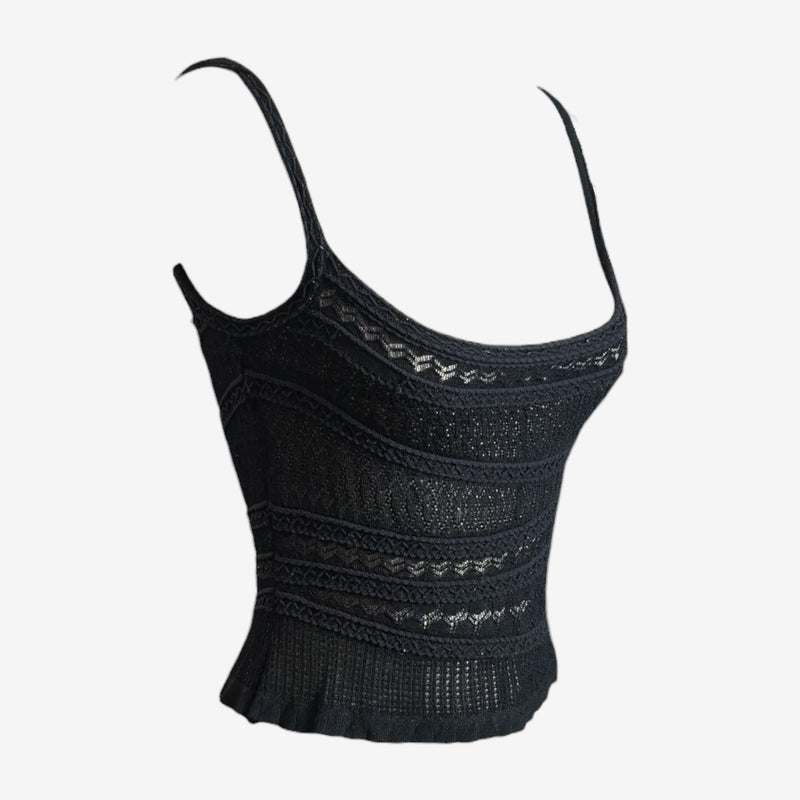 Black knitted camisole by Dior, fitted bodice with horizontal openwork bands