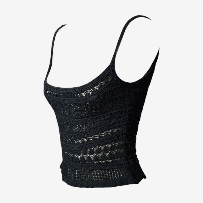 Black knit camisole detail showing eyelet and zigzag lacework patterns