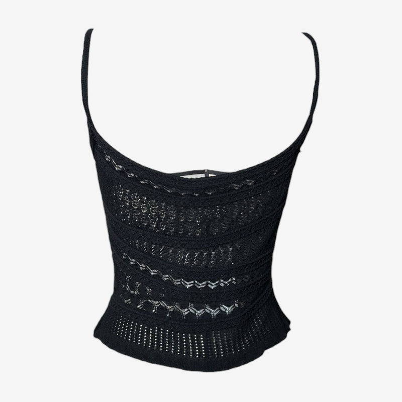 Black knit camisole detail of ribbed waistband and corsetry-inspired seaming