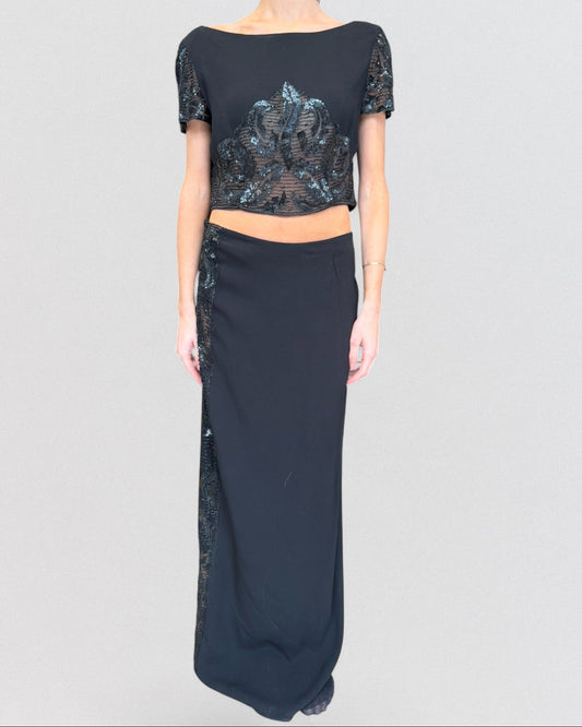 Valentino Fall 1996 Beaded Black Long Skirt and Top Ensemble