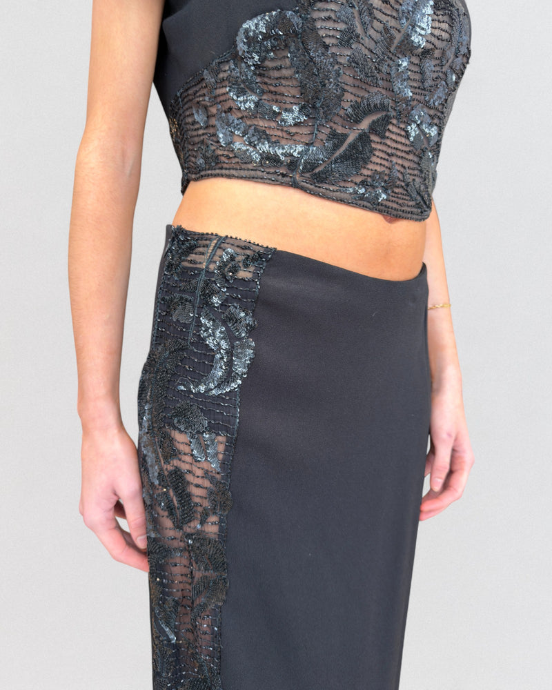 Valentino Fall 1996 Beaded Black Long Skirt and Top Ensemble