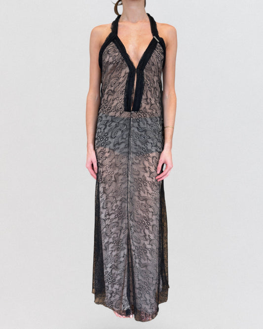 John Galliano 2000s Black Lace Semi-Sheer Maxi Evening Gown