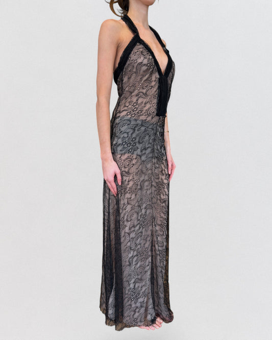 John Galliano 2000s Black Lace Semi-Sheer Maxi Evening Gown