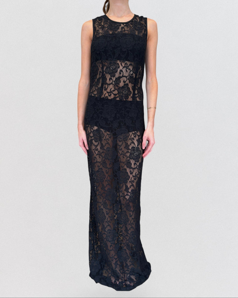 Black lace gown by Dolce & Gabbana, fitted bodice detail with floral lace overlay