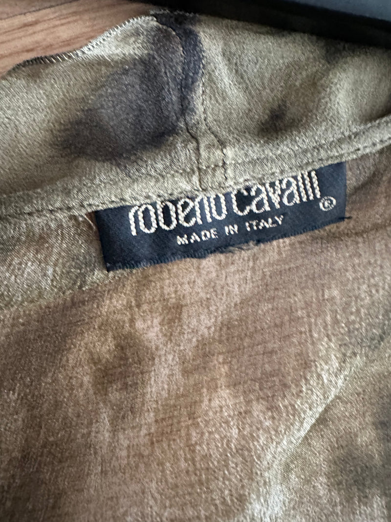 Full length view of Roberto Cavalli leopard print silk chiffon blouse with fluid drape and gathered sleeves