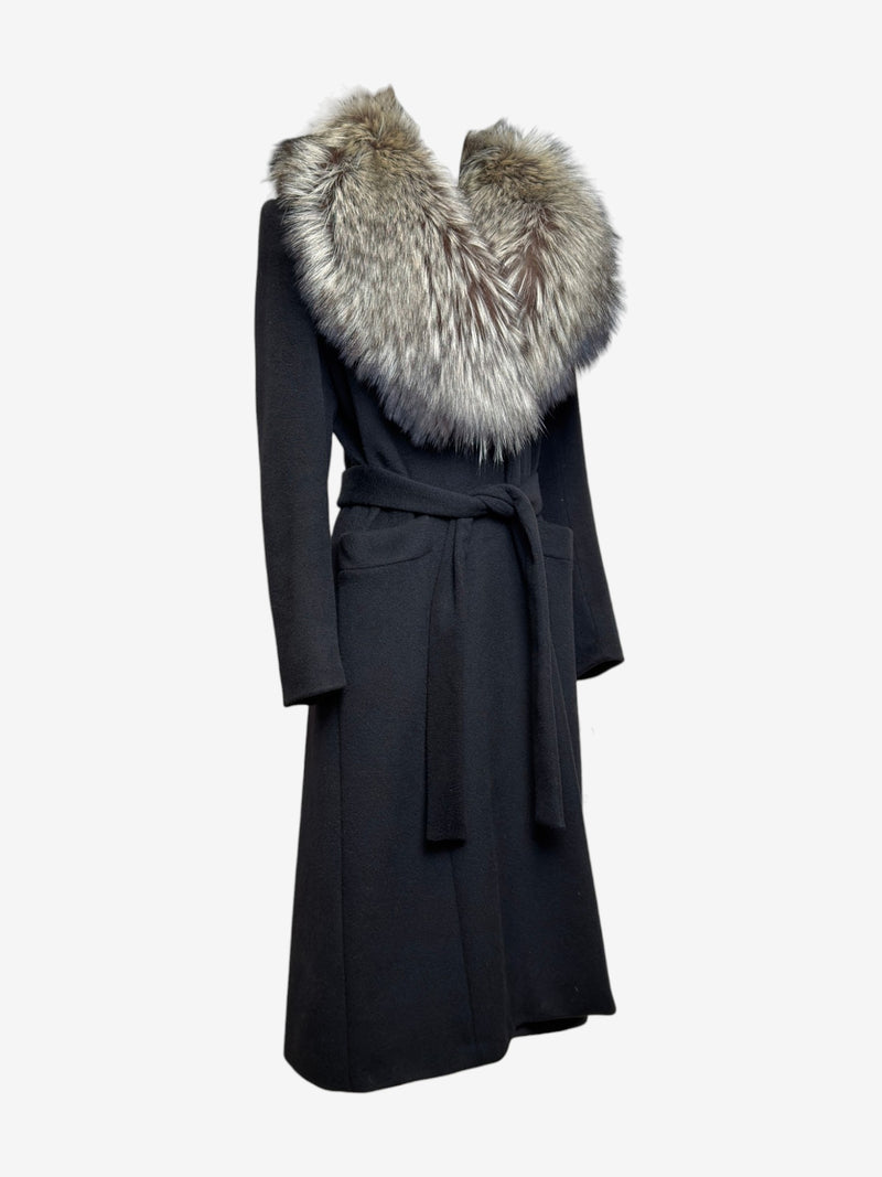 Valentino cashmere coat, detail of silver fox fur collar draping across chest