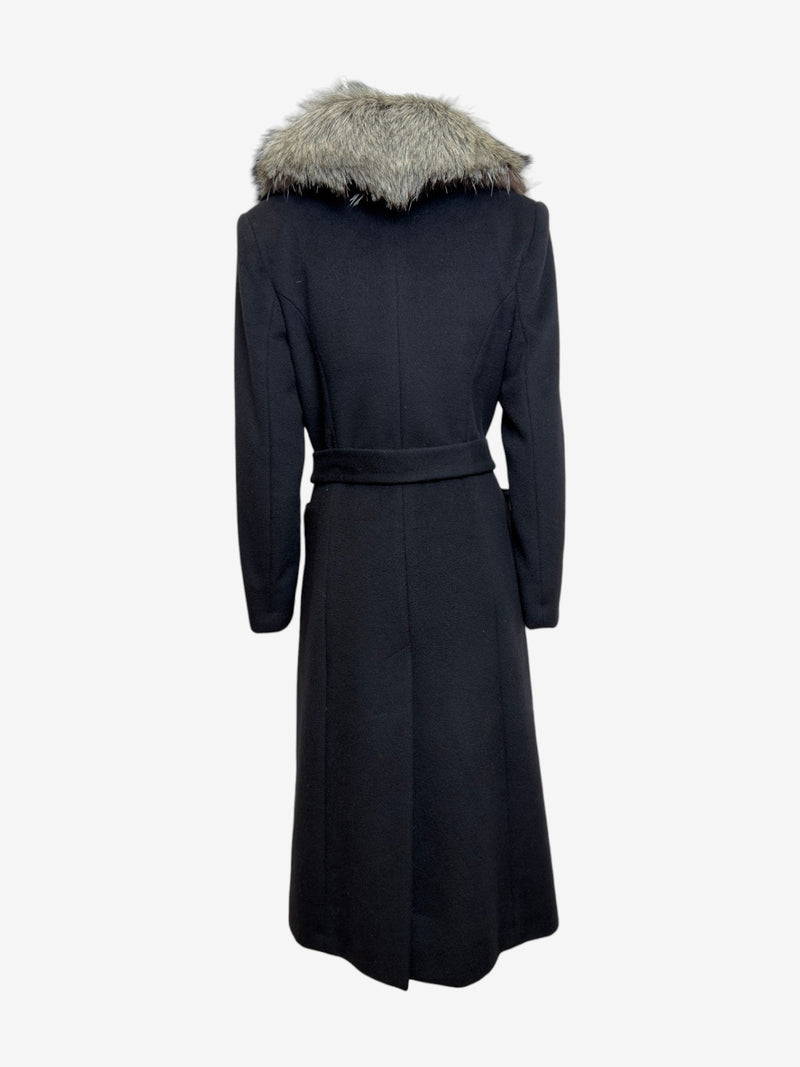 Black cashmere coat by Valentino, side profile showing A-line silhouette